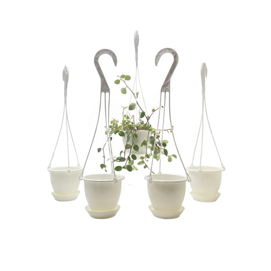 6-PK of 4.5-inch White Hanging Baskets by Koba with Detatchable Bottom Saucer – Lightweight, Stackable Planters for Indoor & Outdoor Plants (6 Count)