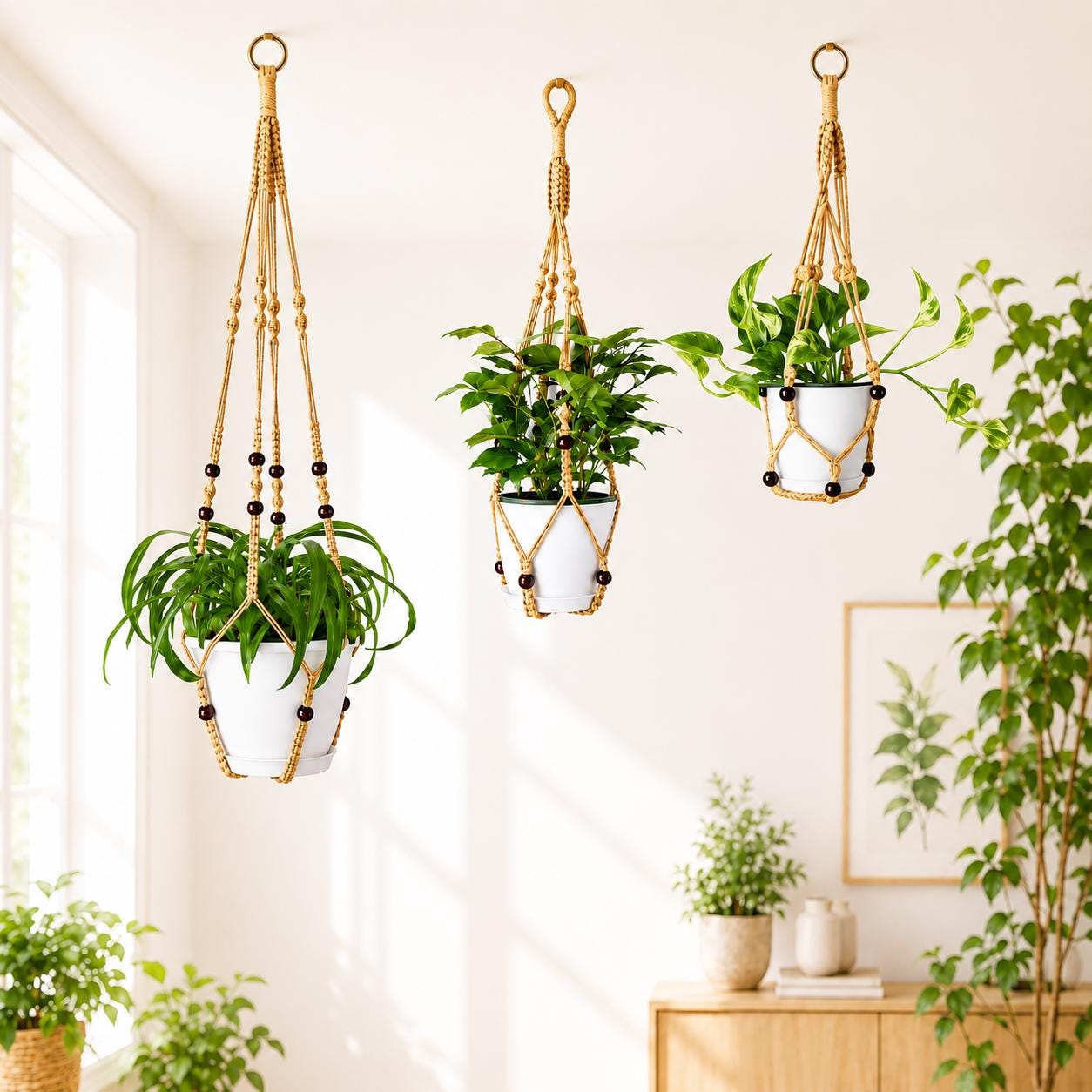 Macrame Plant Hangers – 23", 29" & 35" Hanging Planters, 4 Colors Available White, Black, Natural Tan, Light Grey