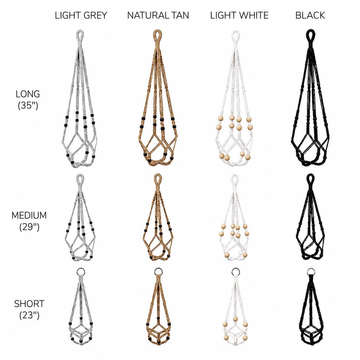Macrame Plant Hangers – 23", 29" & 35" Hanging Planters, 4 Colors Available White, Black, Natural Tan, Light Grey