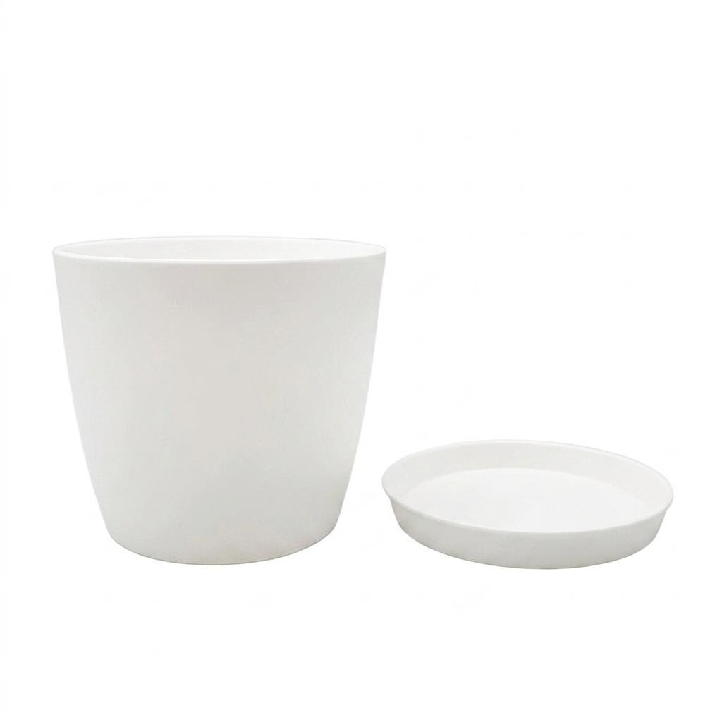 6-Inch Modern White Plant Pot with Detachable Saucer – Premium Round Resin Planter with Spiral Drainage Holes for Indoor Houseplants
