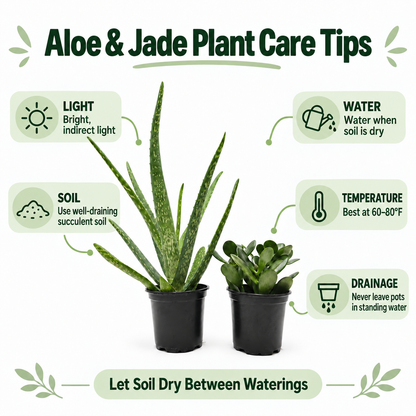 Aloe Vera & Jade Plant Set, 2 Live Succulent Plants in 4-Inch Pots, Easy Care Indoor Houseplants
