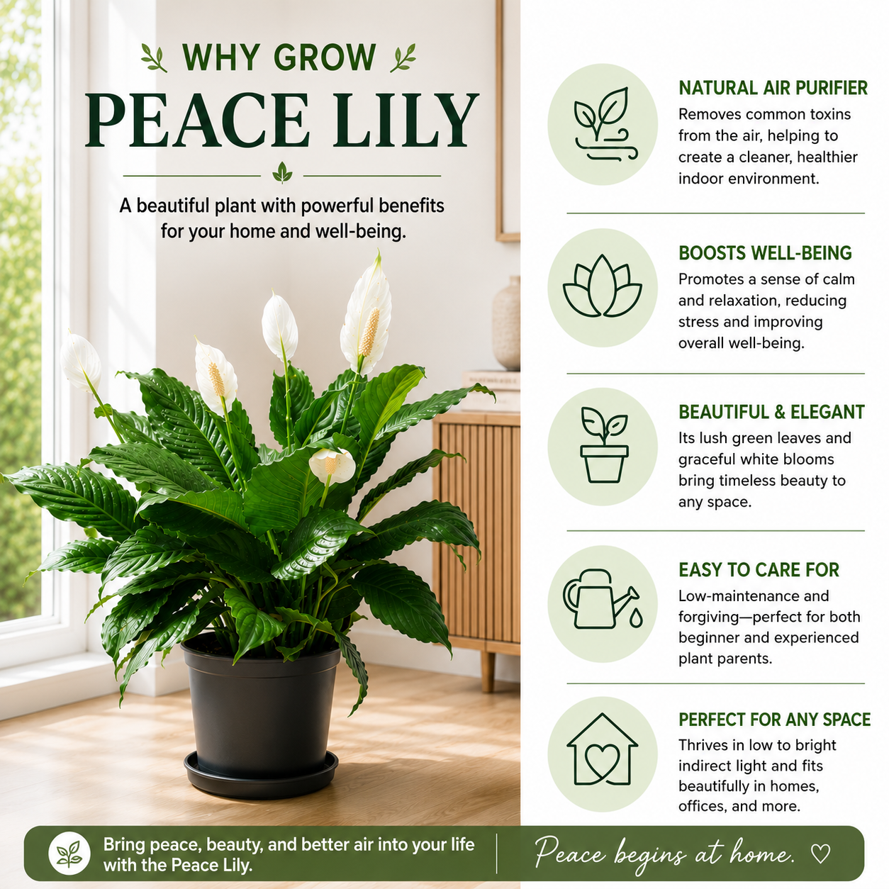 10" Peace Lily Plant (Spathiphyllum) – Large Air Purifying Indoor Houseplant with Elegant White Blooms