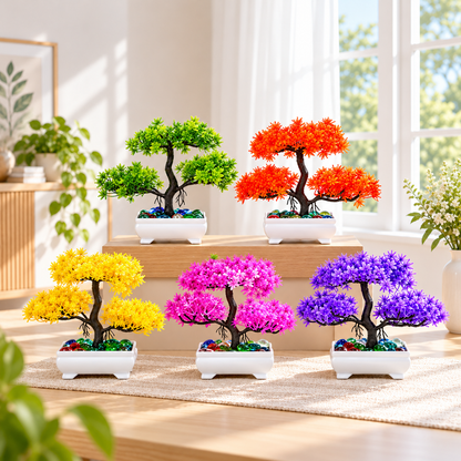 Artificial Bonsai Tree, Miniature Japanese Style Decor, White Pot with Pebbles (5 Colors)