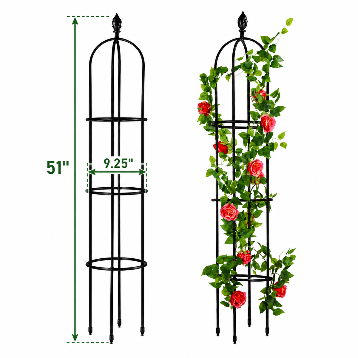 51 Inch Metal Garden Obelisk Trellis, Black Decorative Plant Support Tower, Vertical Garden Climbing Frame, Indoor Outdoor Decor