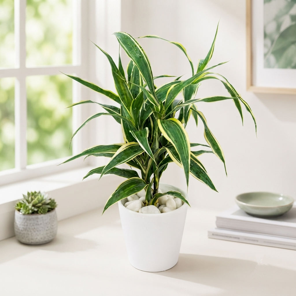 Hydroponic Dracaena Sanderiana Live Plant in 4.25" White Ceramic Pot | Lucky Bamboo Relative | Easy Care Indoor Air Purifying Houseplant