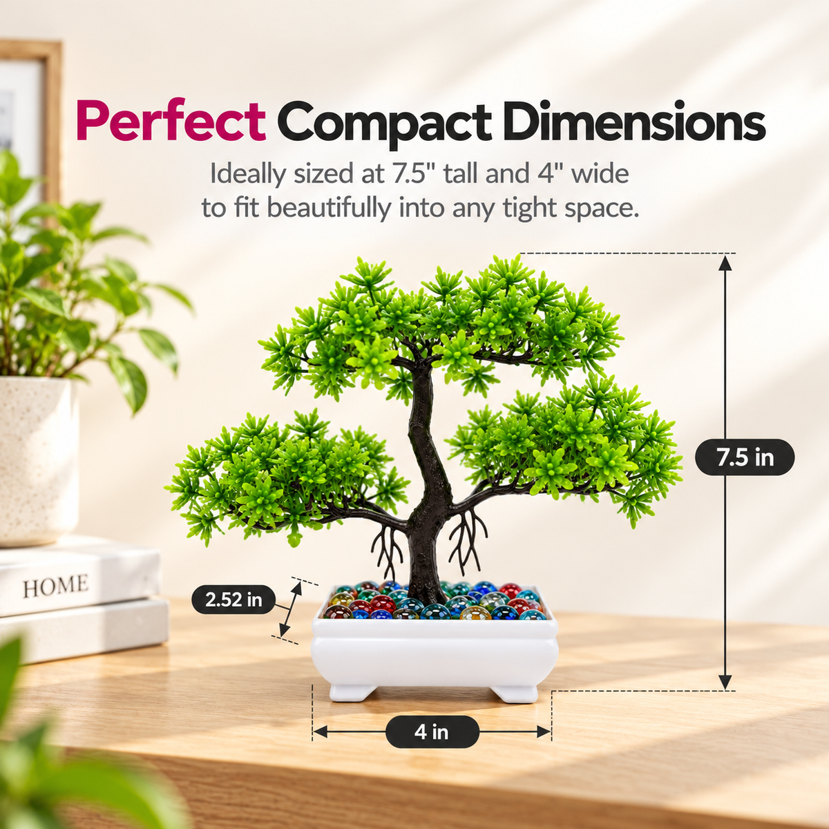 Artificial Bonsai Tree, Miniature Japanese Style Decor, White Pot with Pebbles (5 Colors)