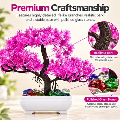 Artificial Bonsai Tree, Miniature Japanese Style Decor, White Pot with Pebbles (5 Colors)