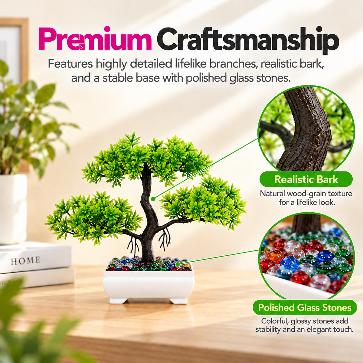 Artificial Bonsai Tree, Miniature Japanese Style Decor, White Pot with Pebbles (5 Colors)