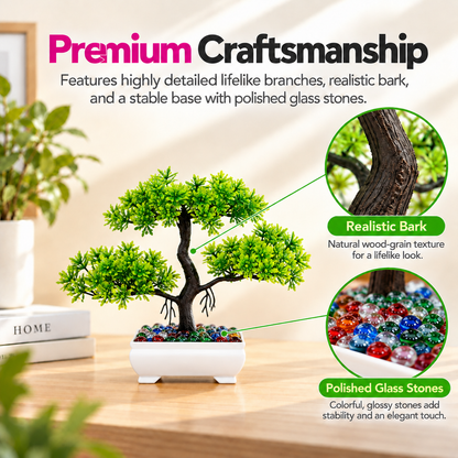 Artificial Bonsai Tree, Miniature Japanese Style Decor, White Pot with Pebbles (5 Colors)