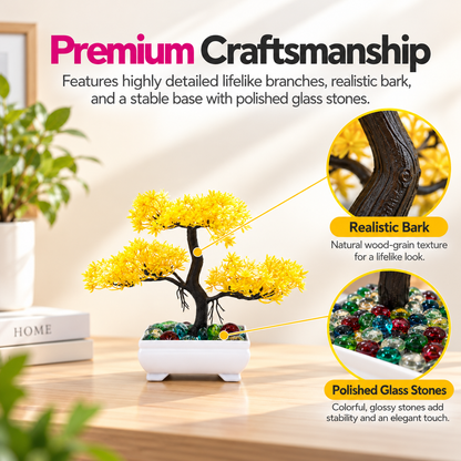 Artificial Bonsai Tree, Miniature Japanese Style Decor, White Pot with Pebbles (5 Colors)