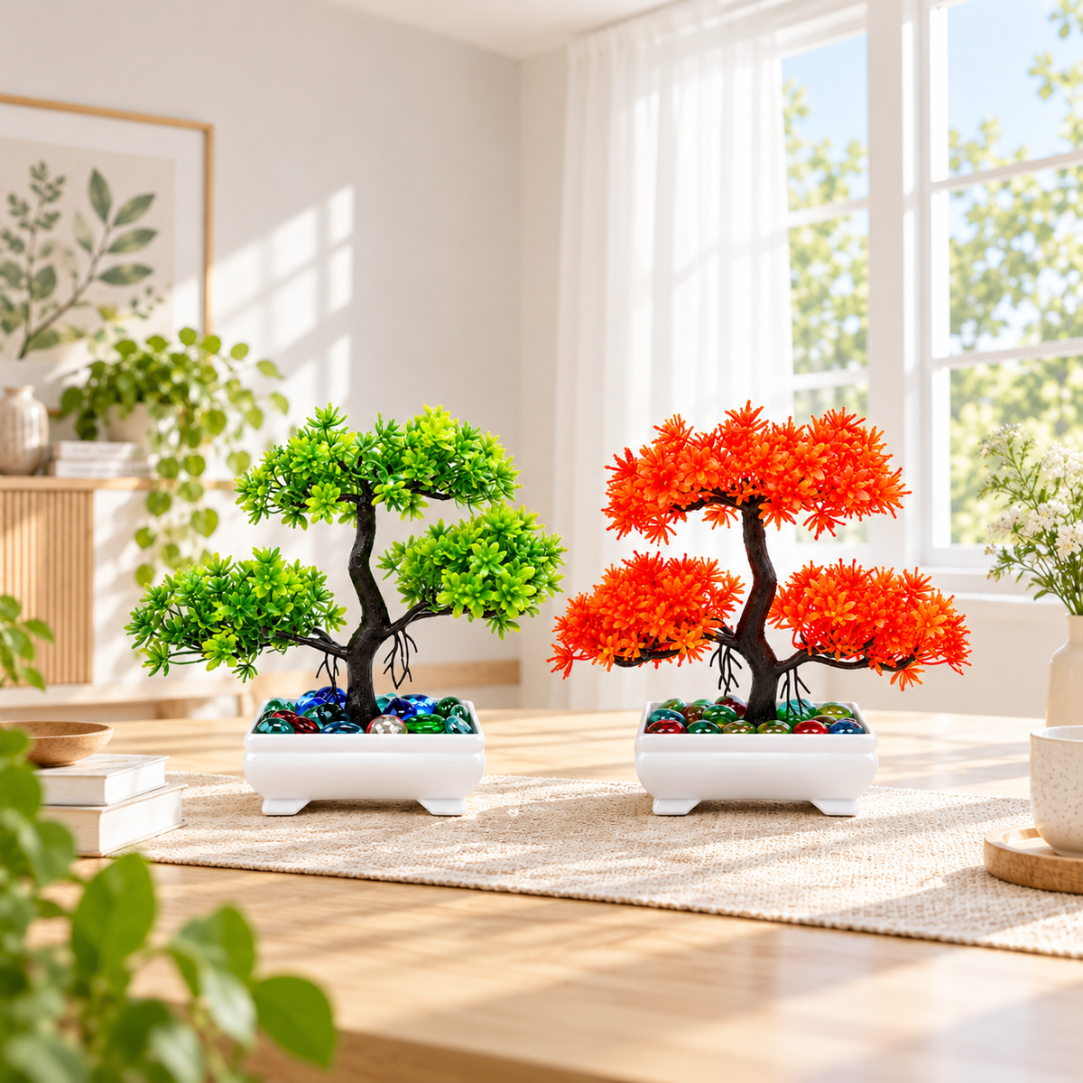 Artificial Bonsai Tree, Miniature Japanese Style Decor, White Pot with Pebbles (5 Colors)
