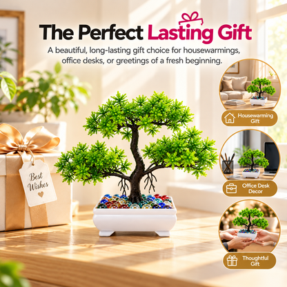 Artificial Bonsai Tree, Miniature Japanese Style Decor, White Pot with Pebbles (5 Colors)