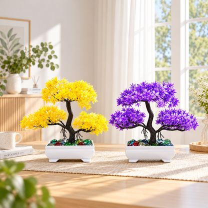 Artificial Bonsai Tree, Miniature Japanese Style Decor, White Pot with Pebbles (5 Colors)