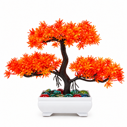 Artificial Bonsai Tree, Miniature Japanese Style Decor, White Pot with Pebbles (5 Colors)