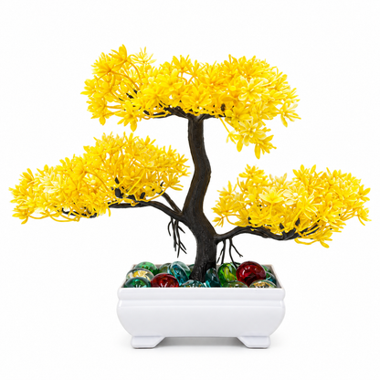 Artificial Bonsai Tree, Miniature Japanese Style Decor, White Pot with Pebbles (5 Colors)