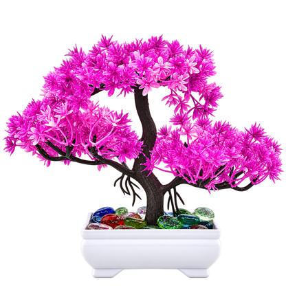 Artificial Bonsai Tree, Miniature Japanese Style Decor, White Pot with Pebbles (5 Colors)