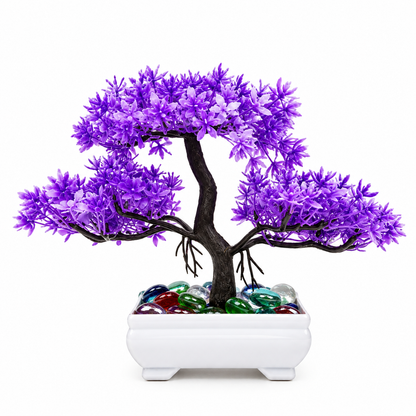 Artificial Bonsai Tree, Miniature Japanese Style Decor, White Pot with Pebbles (5 Colors)