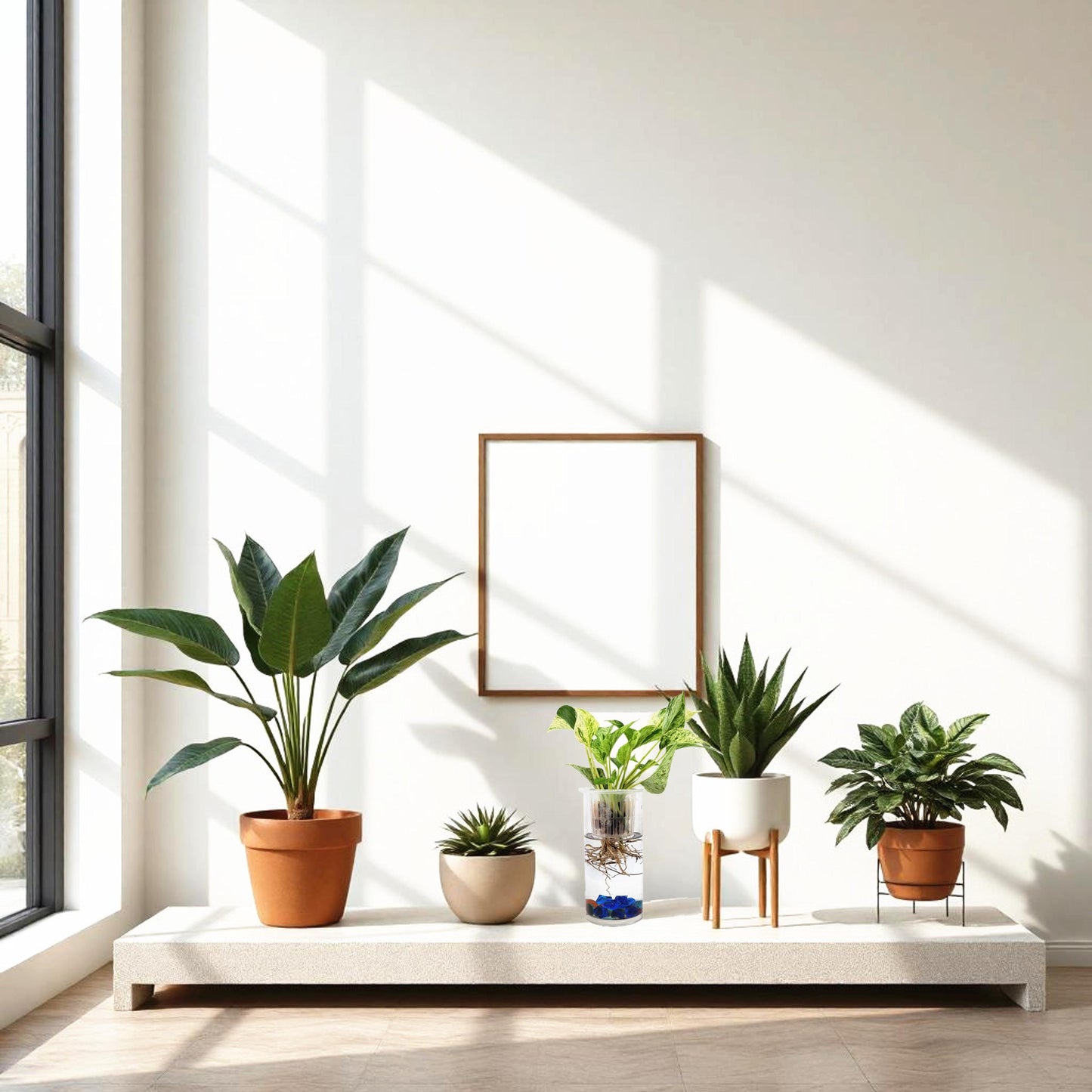 Live Marble Queen Pothos in Modern Glass Cylinder, Hydroponic Indoor Plants with Root Viewing, Air Purifying Houseplants, Free Heat Pack