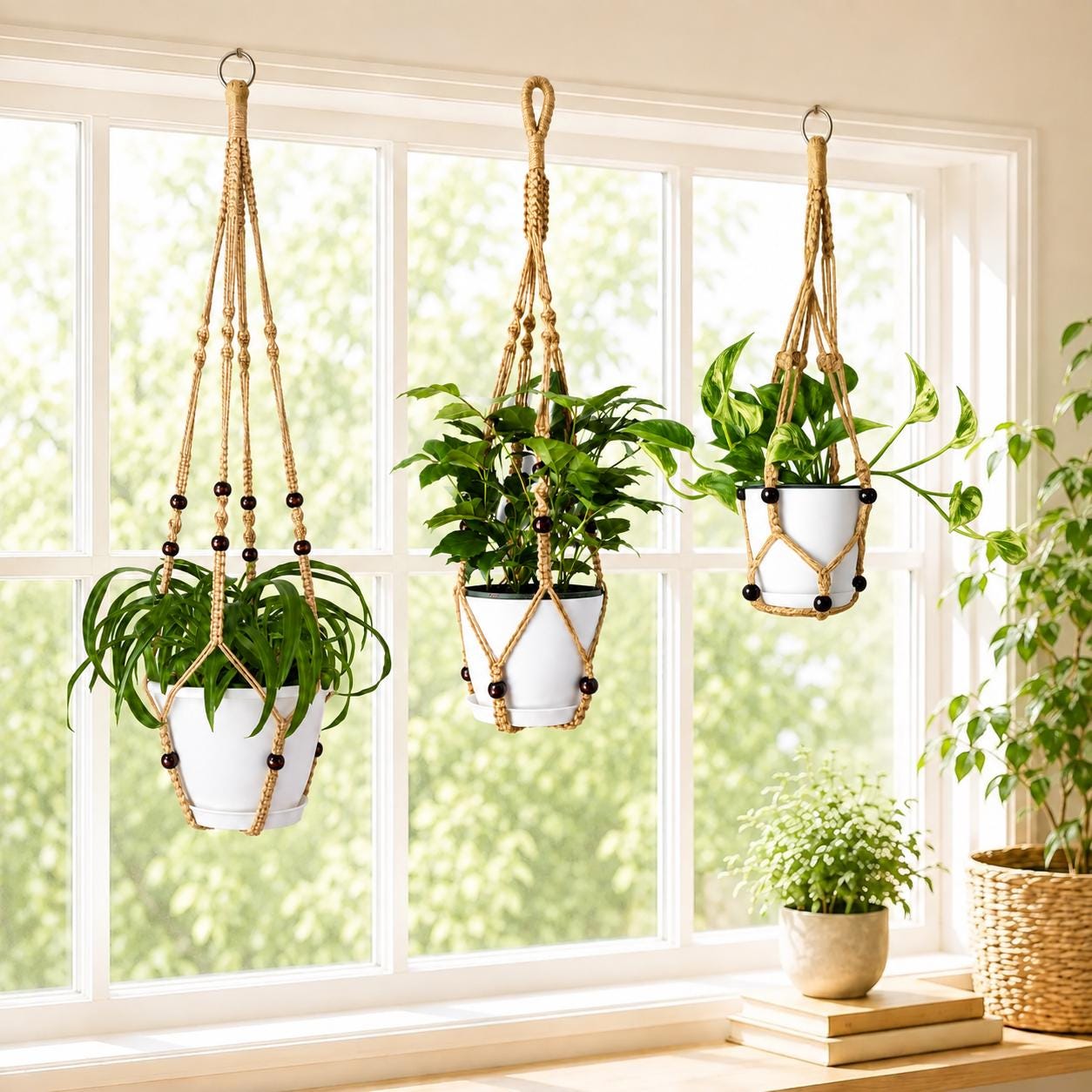 Macrame Plant Hangers – 23", 29" & 35" Hanging Planters, 4 Colors Available White, Black, Natural Tan, Light Grey