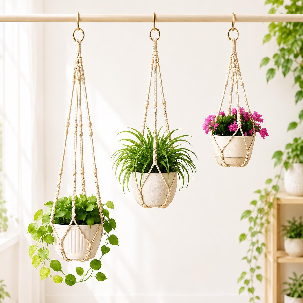 Macrame Plant Hangers – 23", 29" & 35" Hanging Planters, 4 Colors Available White, Black, Natural Tan, Light Grey