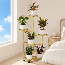 Golden 5-Tier Metal Plant Stand with Wheels, European-Inspired Indoor Flower Rack