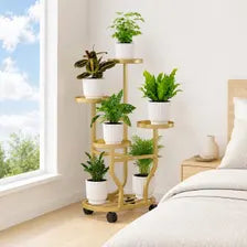Golden 5-Tier Metal Plant Stand with Wheels, European-Inspired Indoor Flower Rack
