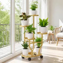 Golden 5-Tier Metal Plant Stand with Wheels, European-Inspired Indoor Flower Rack