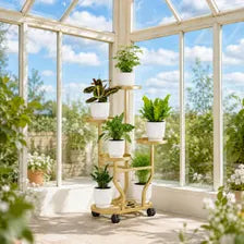 Golden 5-Tier Metal Plant Stand with Wheels, European-Inspired Indoor Flower Rack