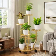 Golden 5-Tier Metal Plant Stand with Wheels, European-Inspired Indoor Flower Rack