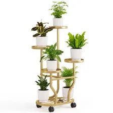 Golden 5-Tier Metal Plant Stand with Wheels, European-Inspired Indoor Flower Rack