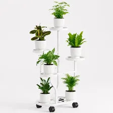 White 5-Tier Metal Plant Stand with Wheels, Space-Saving Indoor Flower Rack