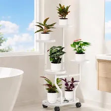 White 5-Tier Metal Plant Stand with Wheels, Space-Saving Indoor Flower Rack