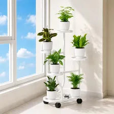 White 5-Tier Metal Plant Stand with Wheels, Space-Saving Indoor Flower Rack