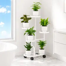 White 5-Tier Metal Plant Stand with Wheels, Space-Saving Indoor Flower Rack