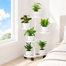 White 5-Tier Metal Plant Stand with Wheels, Space-Saving Indoor Flower Rack