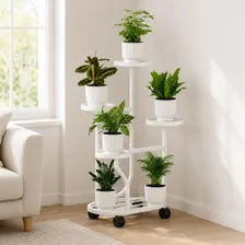 White 5-Tier Metal Plant Stand with Wheels, Space-Saving Indoor Flower Rack