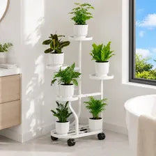 White 5-Tier Metal Plant Stand with Wheels, Space-Saving Indoor Flower Rack