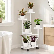 White 5-Tier Metal Plant Stand with Wheels, Space-Saving Indoor Flower Rack