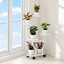 White 5-Tier Metal Plant Stand with Wheels, Space-Saving Indoor Flower Rack