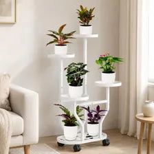 White 5-Tier Metal Plant Stand with Wheels, Space-Saving Indoor Flower Rack