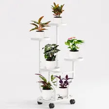 White 5-Tier Metal Plant Stand with Wheels, Space-Saving Indoor Flower Rack