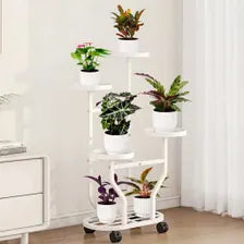 White 5-Tier Metal Plant Stand with Wheels, Space-Saving Indoor Flower Rack