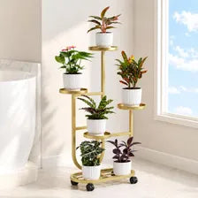 Golden 5-Tier Metal Plant Stand with Wheels, European-Inspired Indoor Flower Rack