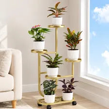 Golden 5-Tier Metal Plant Stand with Wheels, European-Inspired Indoor Flower Rack