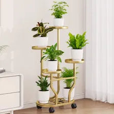 Golden 5-Tier Metal Plant Stand with Wheels, European-Inspired Indoor Flower Rack
