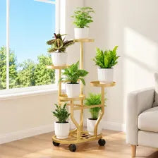 Golden 5-Tier Metal Plant Stand with Wheels, European-Inspired Indoor Flower Rack