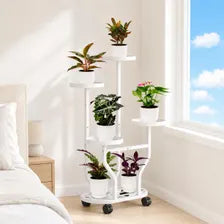 White 5-Tier Metal Plant Stand with Wheels, Space-Saving Indoor Flower Rack