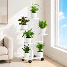 White 5-Tier Metal Plant Stand with Wheels, Space-Saving Indoor Flower Rack