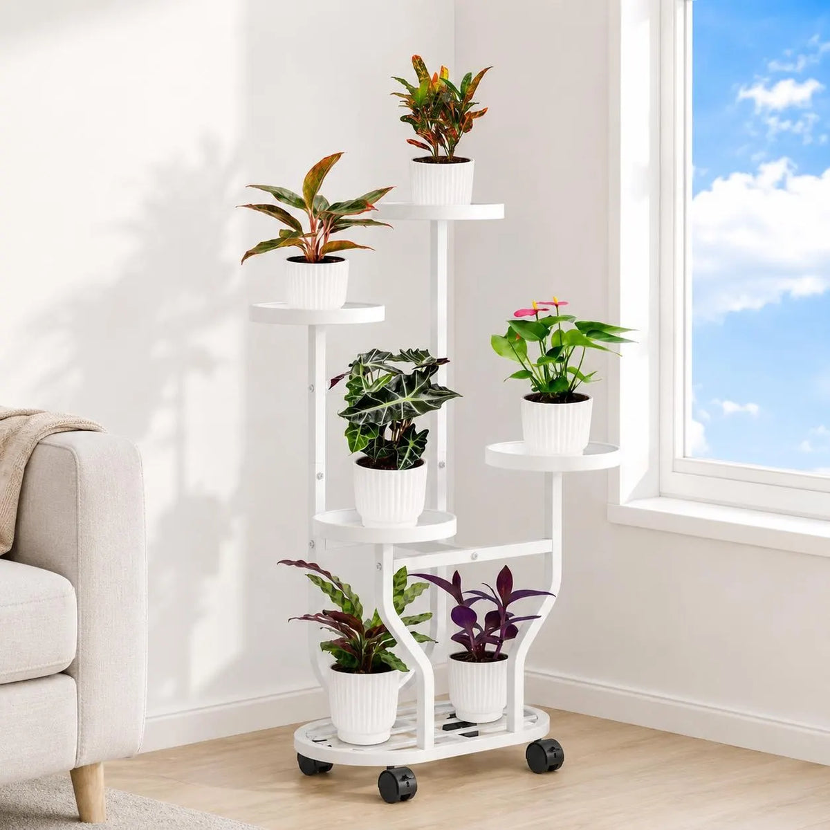 White 5-Tier Metal Plant Stand with Wheels, Space-Saving Indoor Flower Rack