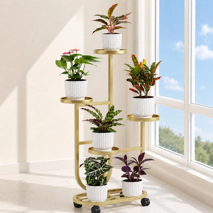 Golden 5-Tier Metal Plant Stand with Wheels, European-Inspired Indoor Flower Rack